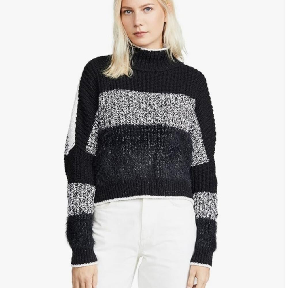 Free People Sunbrite‎ Cable Knit Mock Neck Cropped Sweater Cool Night Combo Sz S
